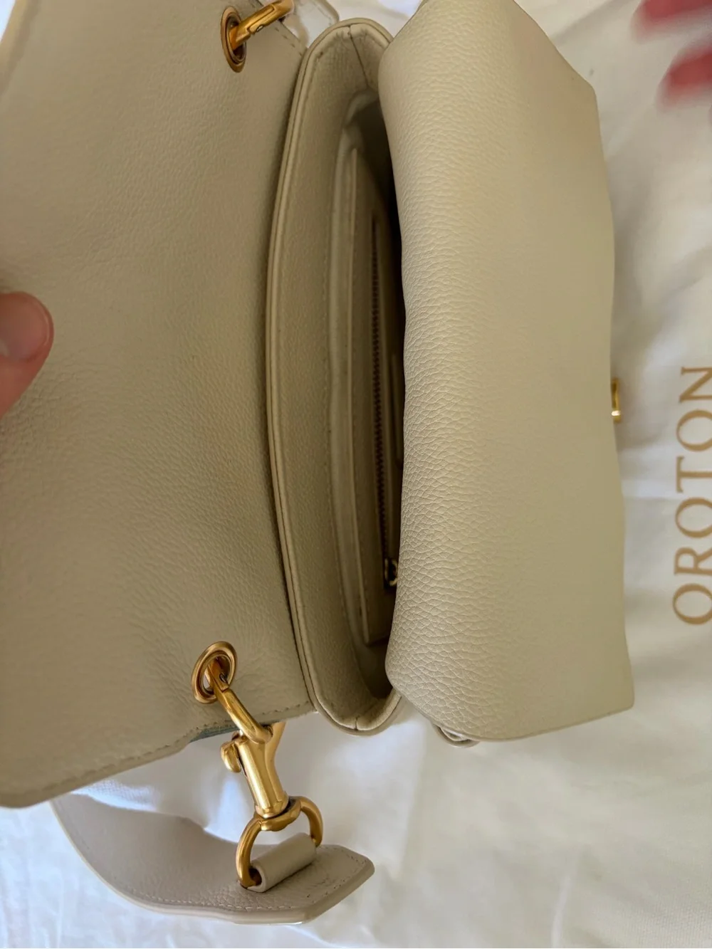 Oroton Neutral Cream Buckle-Front Crossbody Bag